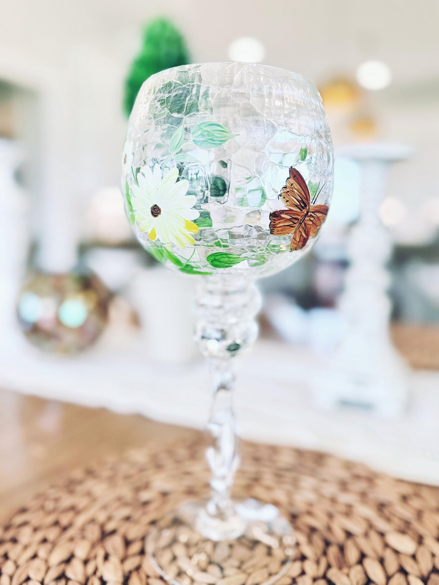 12" Hand-Painted Crackle Glass Goblet-Style Votive Holder