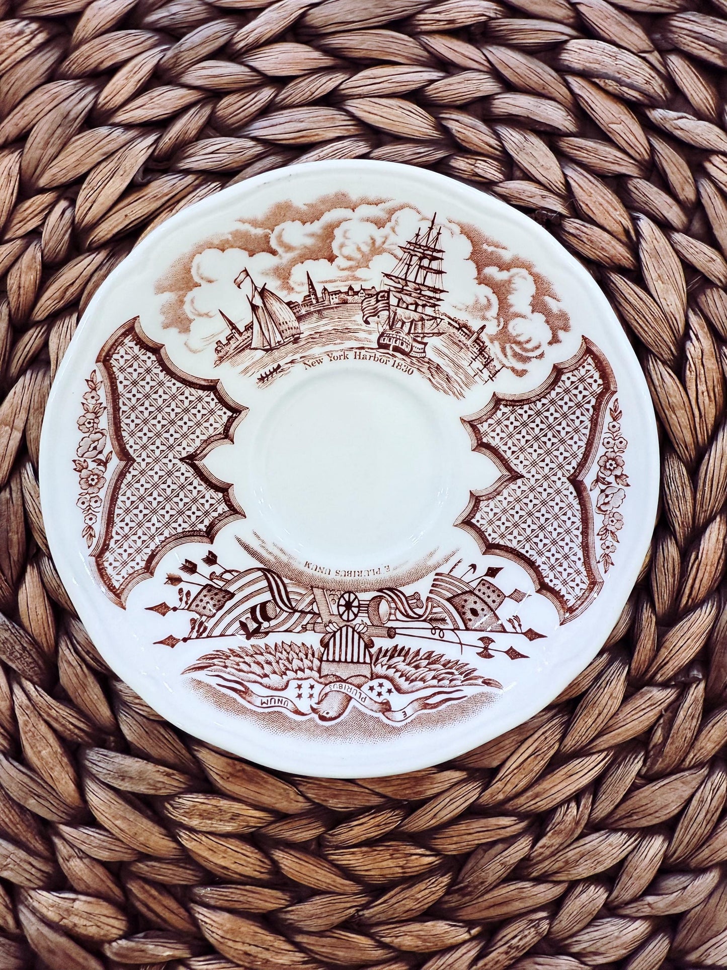 Vintage Alfred Meakin Fair Winds Saucer: Brown Transferware, New York Harbor