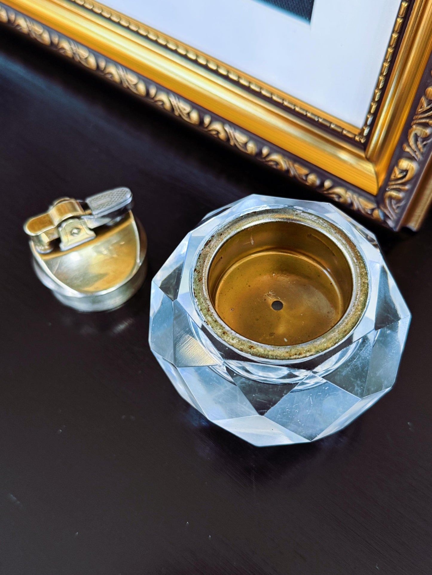 Vintage Crystal Table Lighter: Mid-Century Faceted Glass Barware