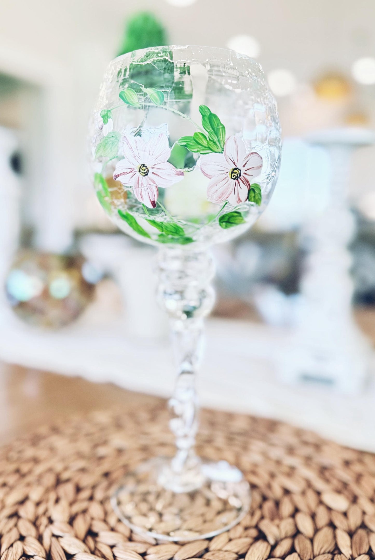 12" Hand-Painted Crackle Glass Goblet-Style Votive Holder
