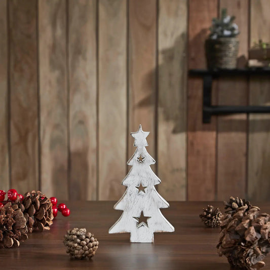 Christmas Tree w/ Stars White Wooden Figurine