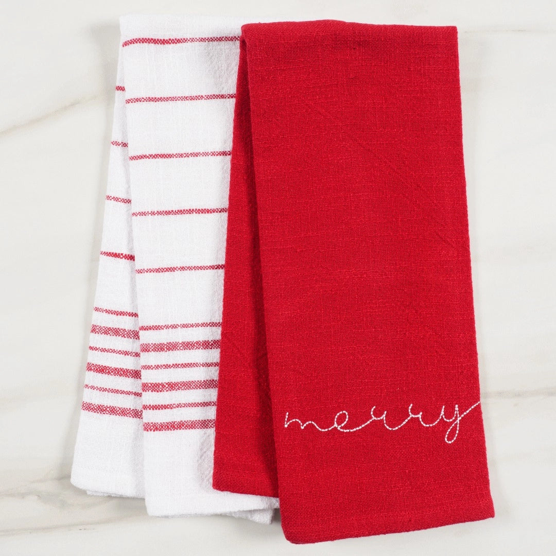 MERRY Holiday Red Embroidered Kitchen Towels Set of 2