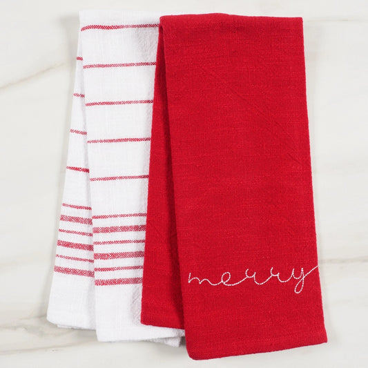 MERRY Holiday Red Embroidered Kitchen Towels Set of 2