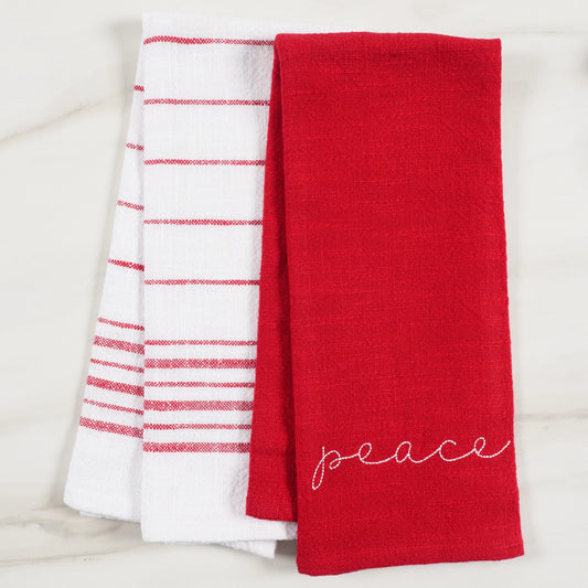 PEACE Holiday Red Embroidered Kitchen Towels Set of 2