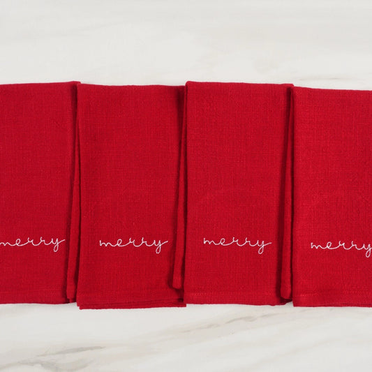 MERRY Holiday Red Embroidered Napkins Set of 4