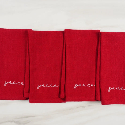 PEACE Holiday Red Embroidered Napkins Set of 4