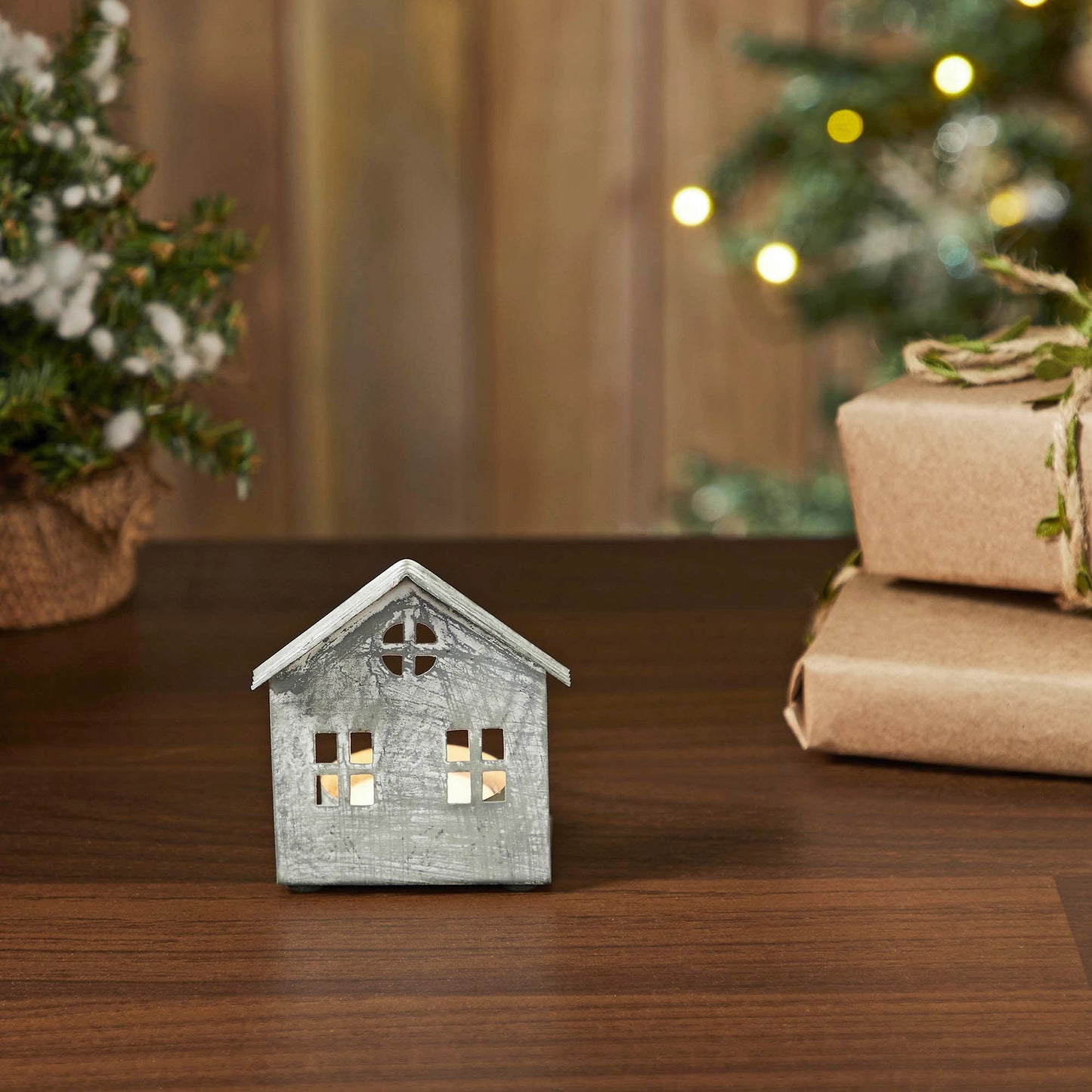 Galvanized Metal Village House Tealight Holder