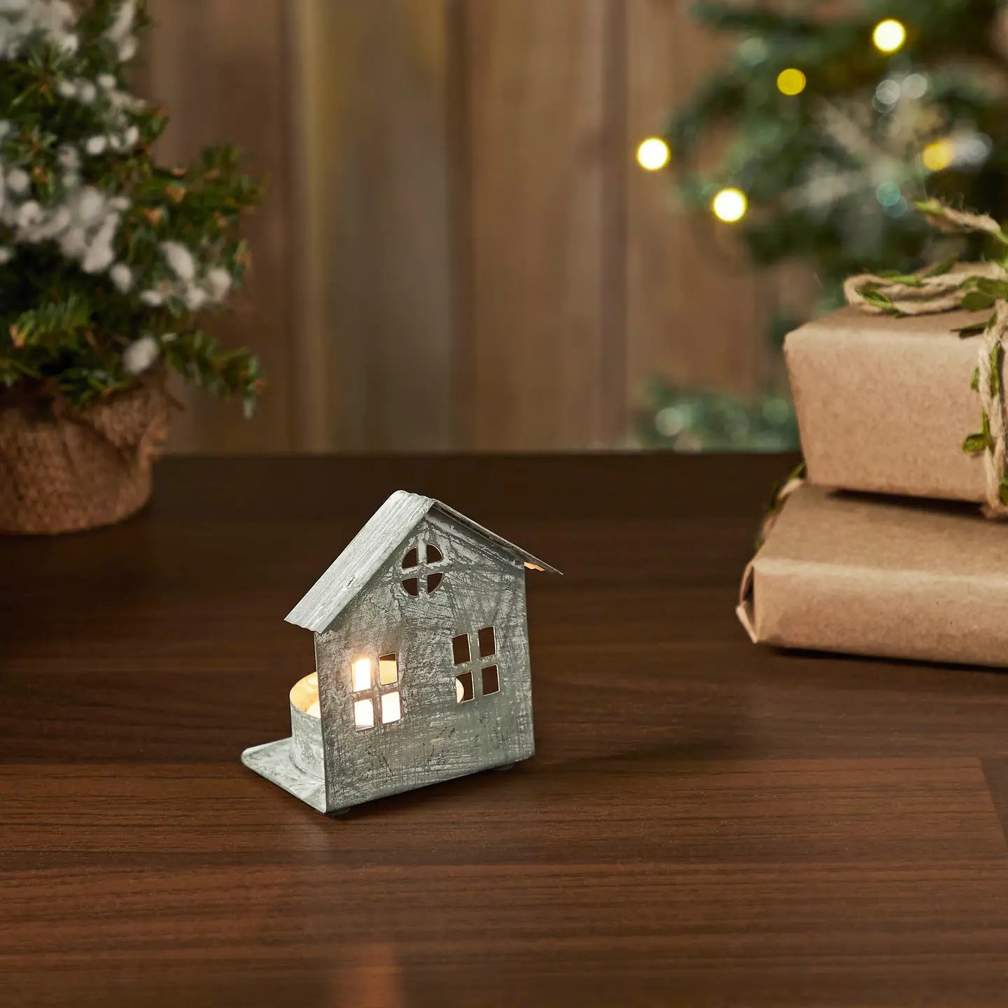 Galvanized Metal Village House Tealight Holder
