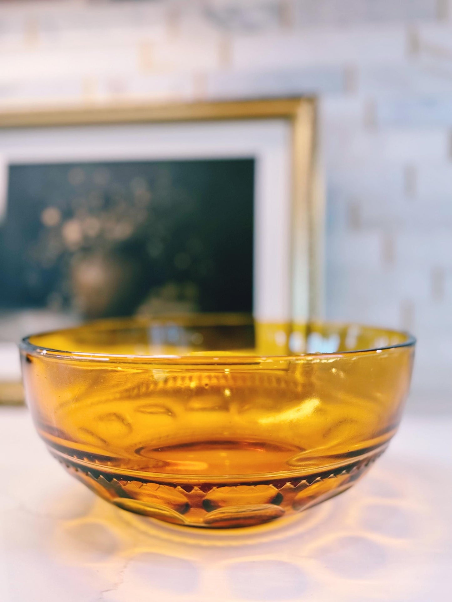 Vintage Amber Glass King's Crown Thumbprint Bowl