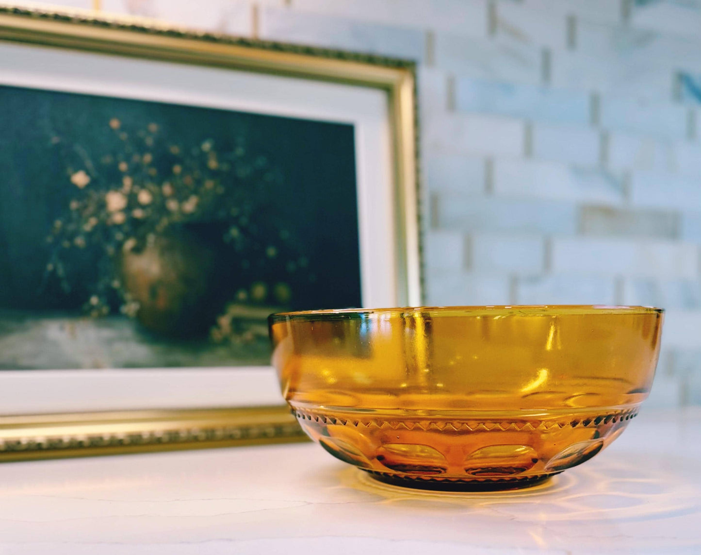 Vintage Amber Glass King's Crown Thumbprint Bowl