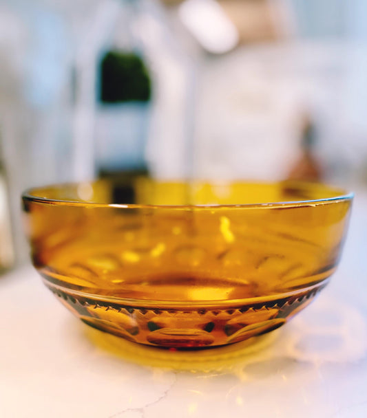 Vintage Amber Glass King's Crown Thumbprint Bowl