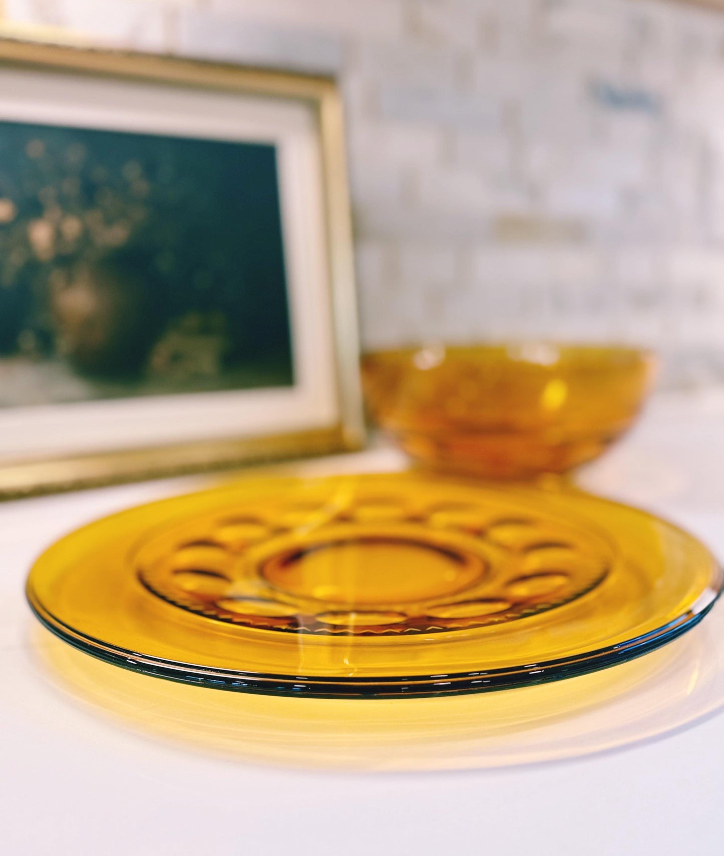 Vintage Amber Glass King's Crown Thumbprint pattern 13" Platter