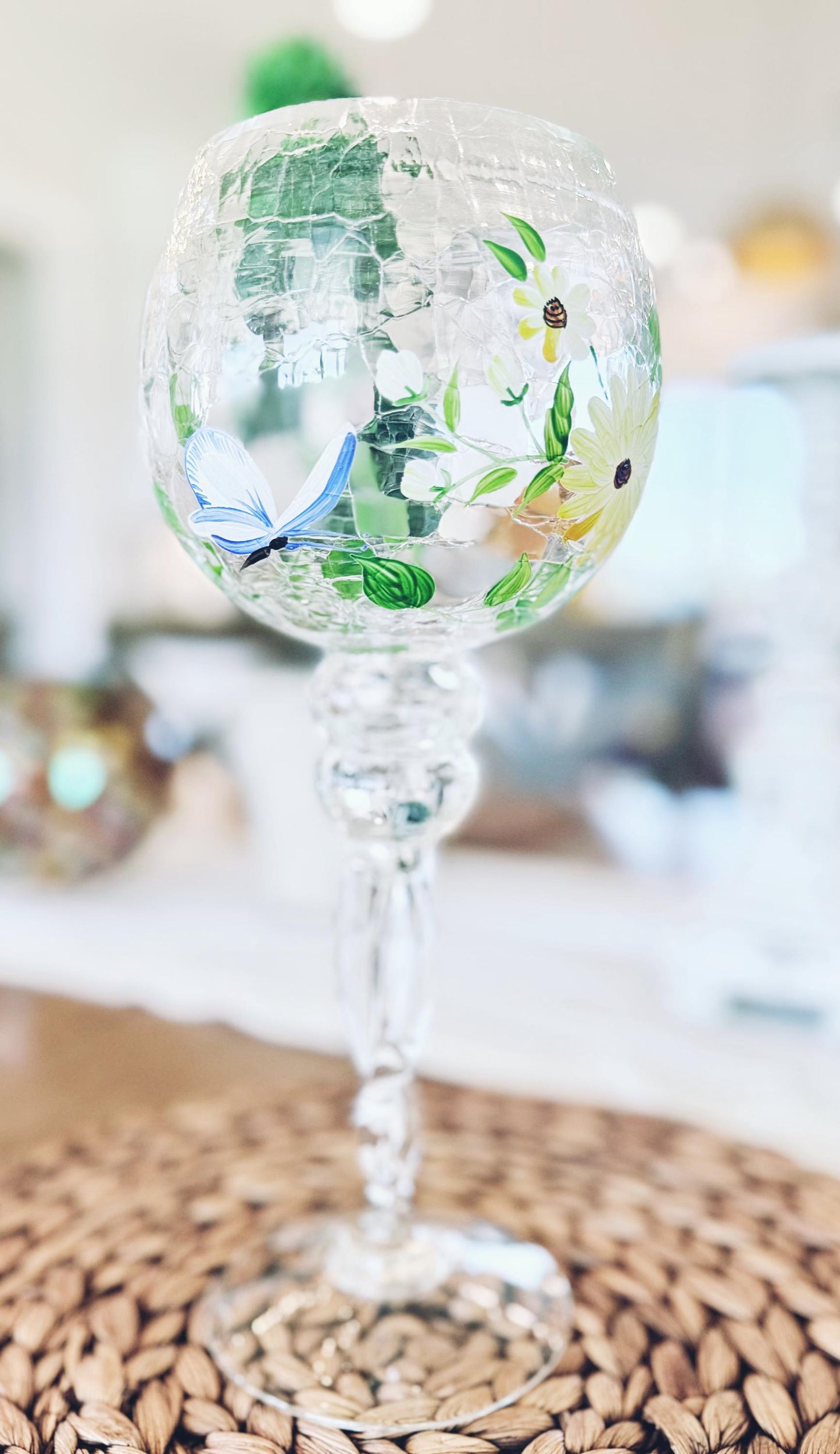 12" Hand-Painted Crackle Glass Goblet-Style Votive Holder