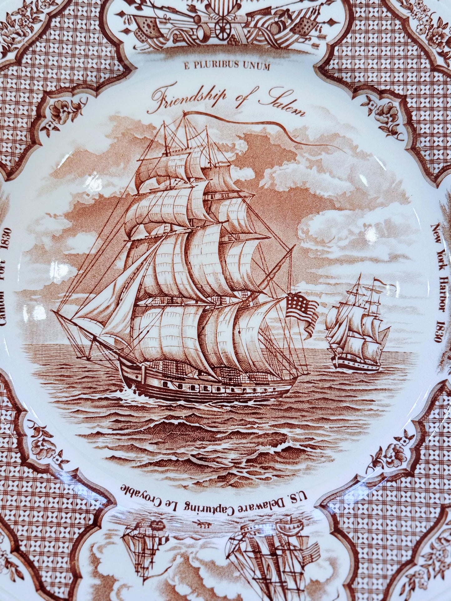 Vintage Alfred Meakin Fair Winds Dinner Plate: Friendship of Salem Brown Transferware