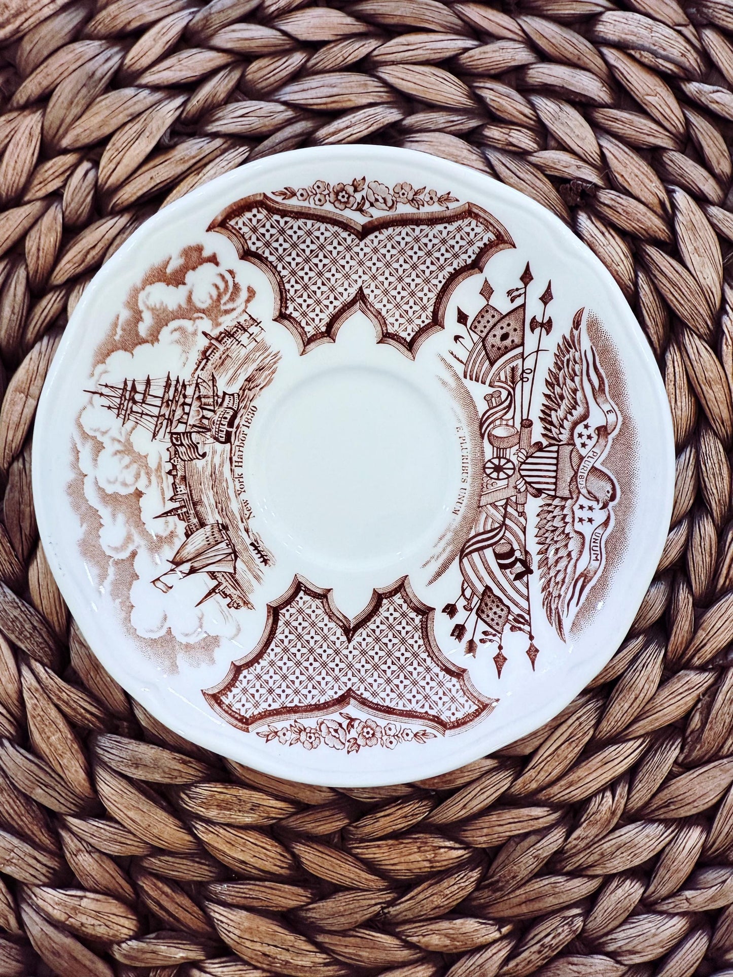 Vintage Alfred Meakin Fair Winds Saucer: Brown Transferware, New York Harbor