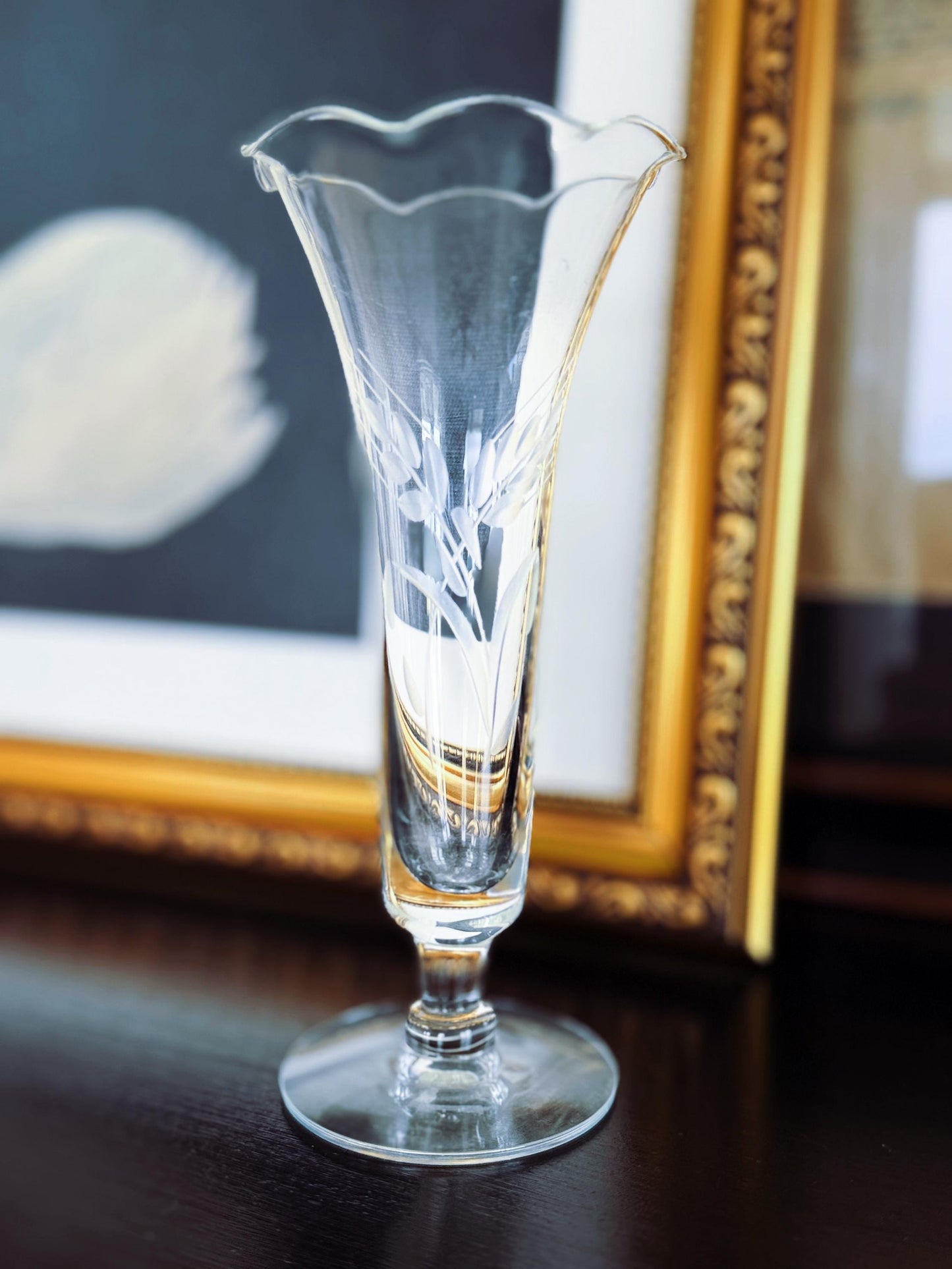 Vintage Etched Glass Bud Vase with Fluted Rim