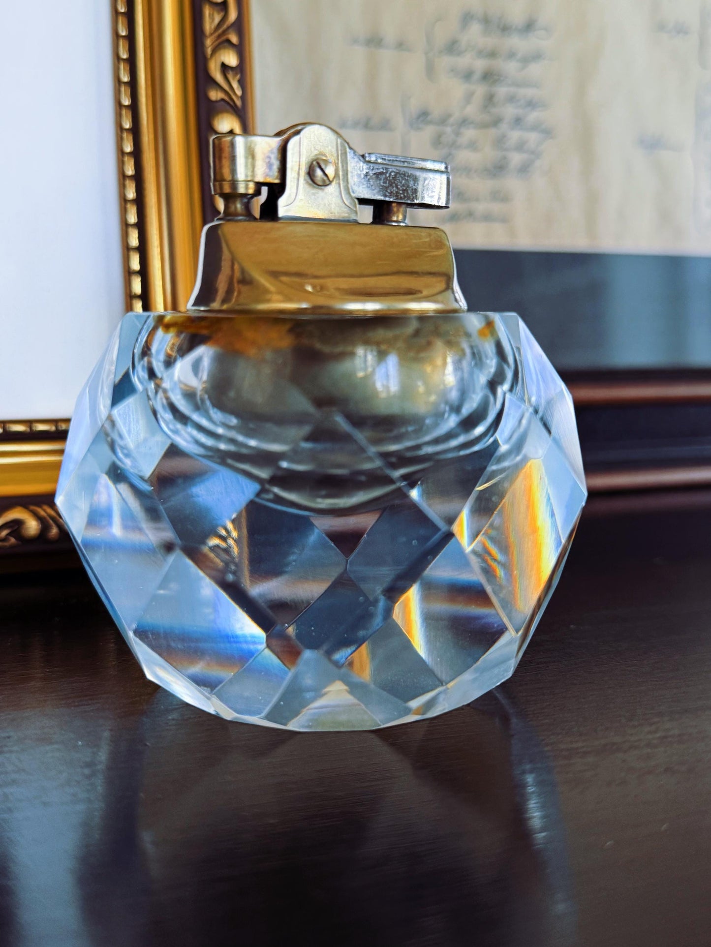 Vintage Crystal Table Lighter: Mid-Century Faceted Glass Barware