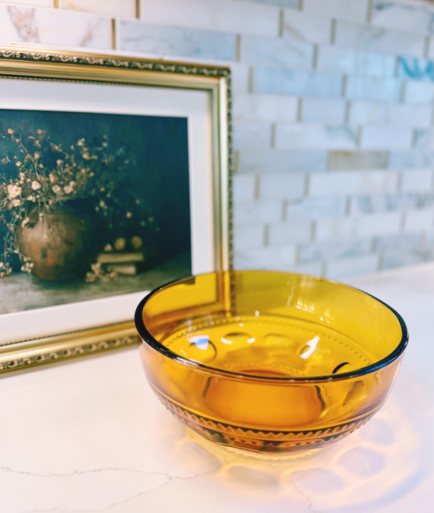Vintage Amber Glass King's Crown Thumbprint Bowl