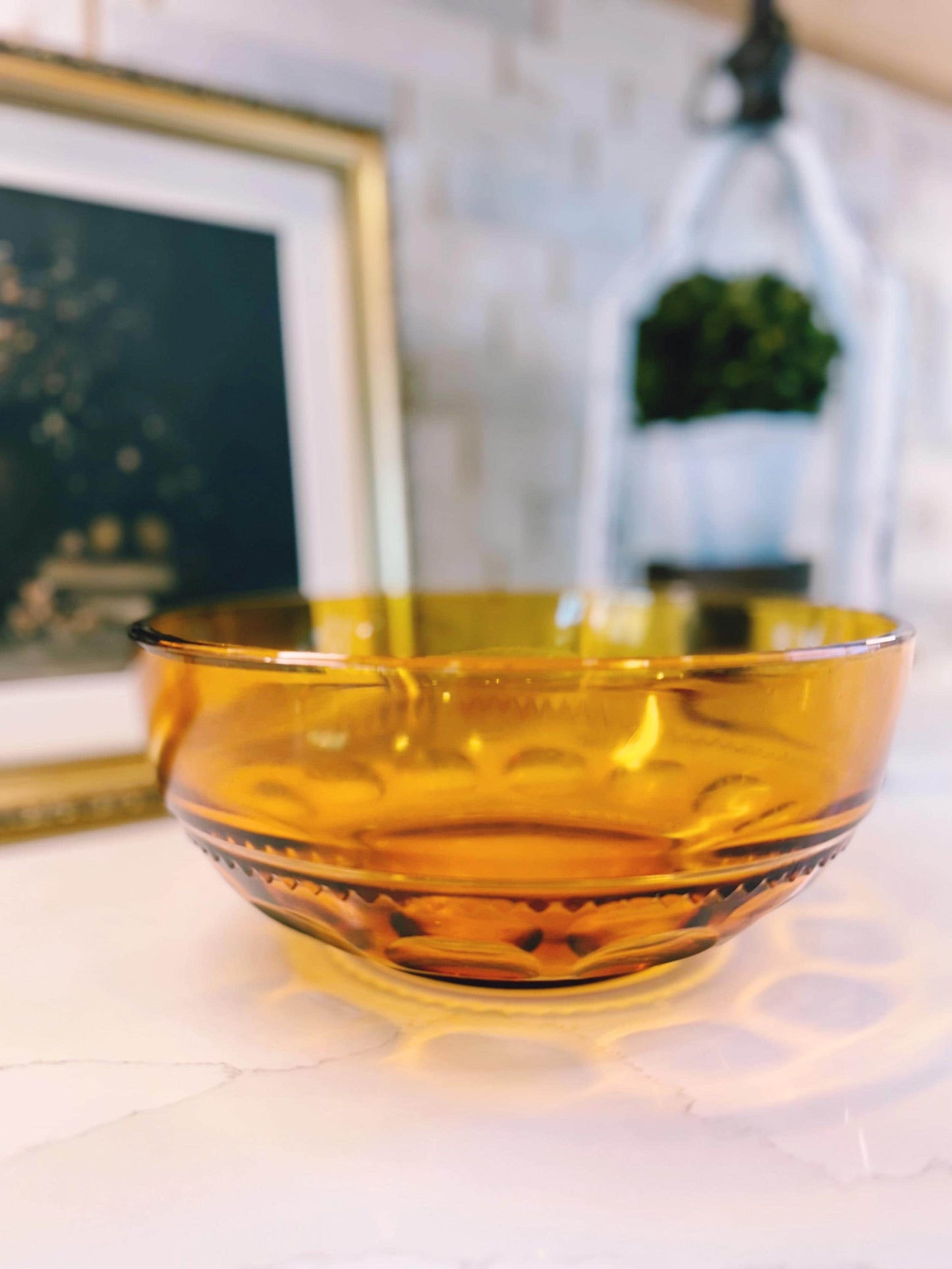 Vintage Amber Glass King's Crown Thumbprint Bowl