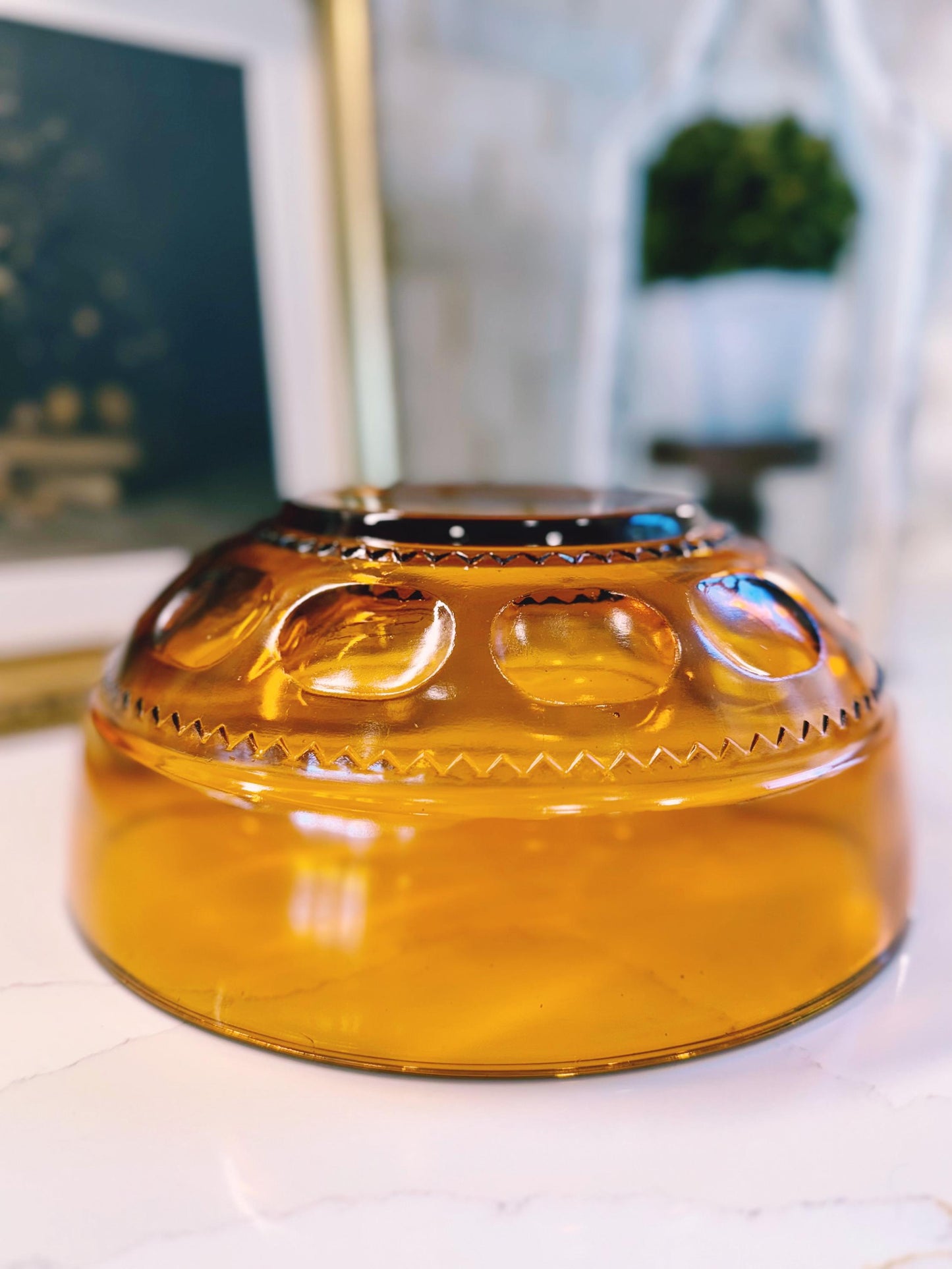 Vintage Amber Glass King's Crown Thumbprint Bowl