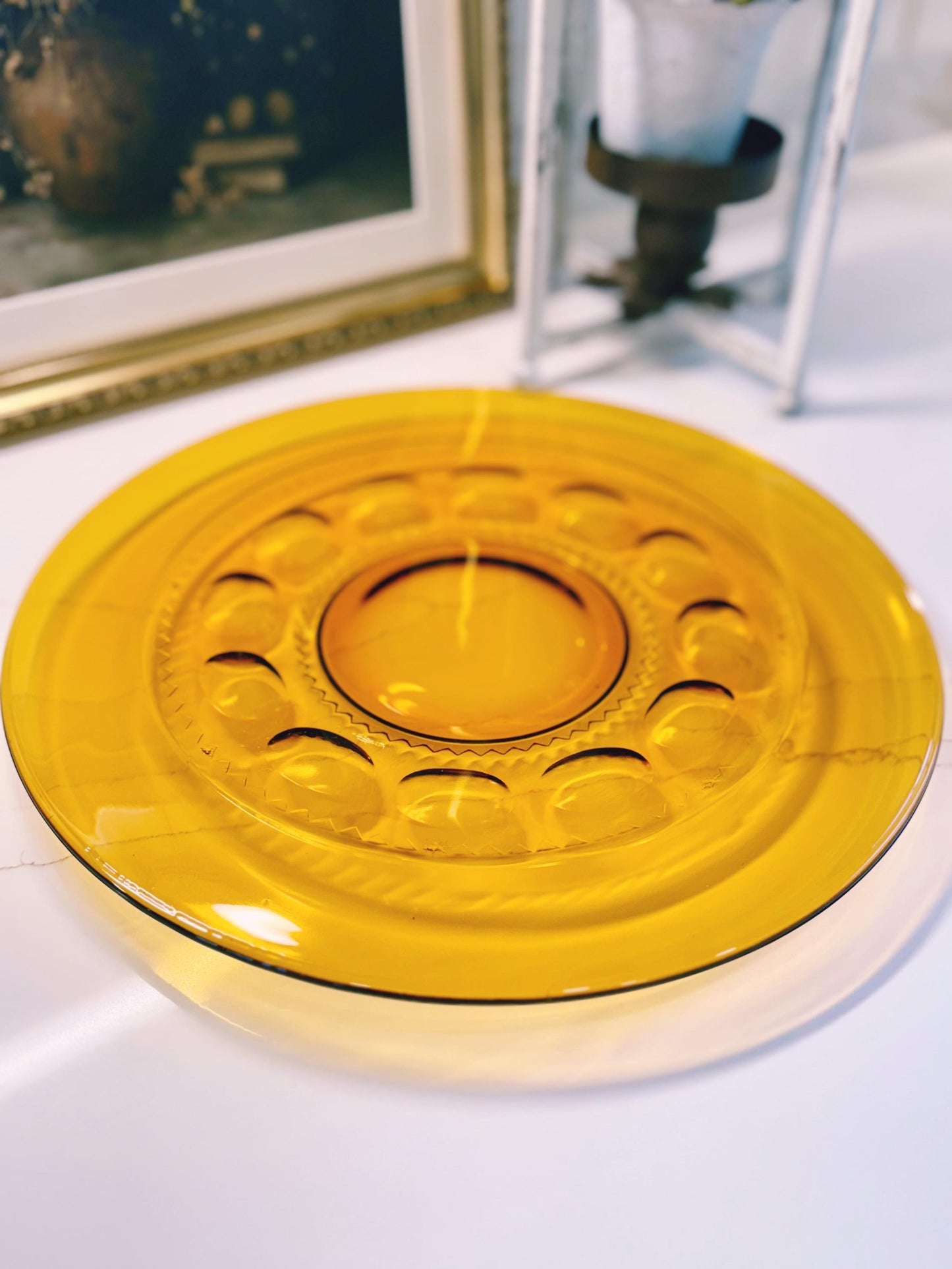 Vintage Amber Glass King's Crown Thumbprint pattern 13" Platter