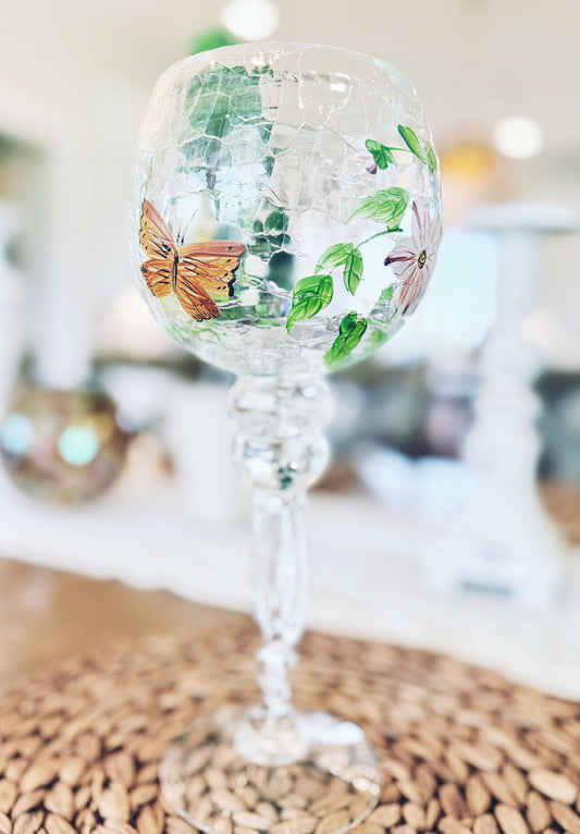 12" Hand-Painted Crackle Glass Goblet-Style Votive Holder