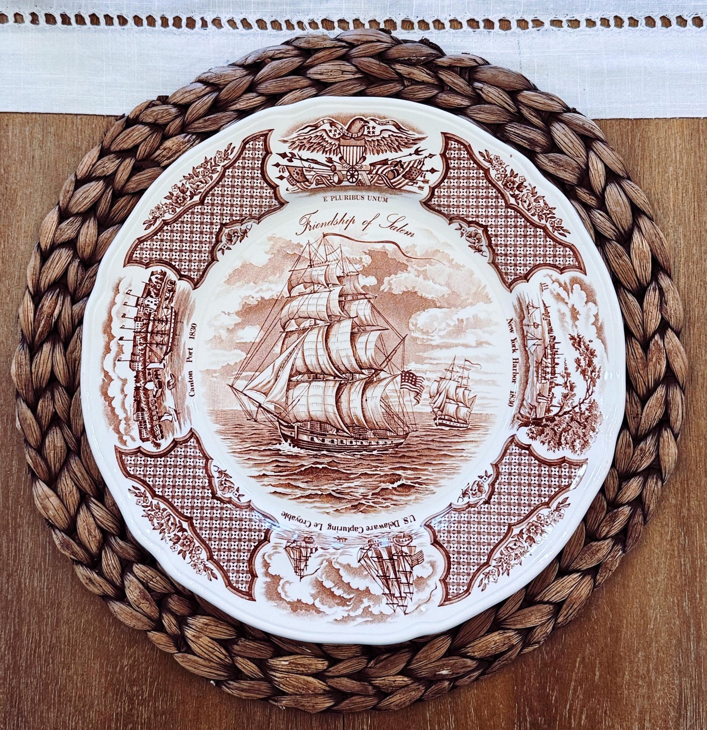 Vintage Alfred Meakin Fair Winds Dinner Plate: Friendship of Salem Brown Transferware