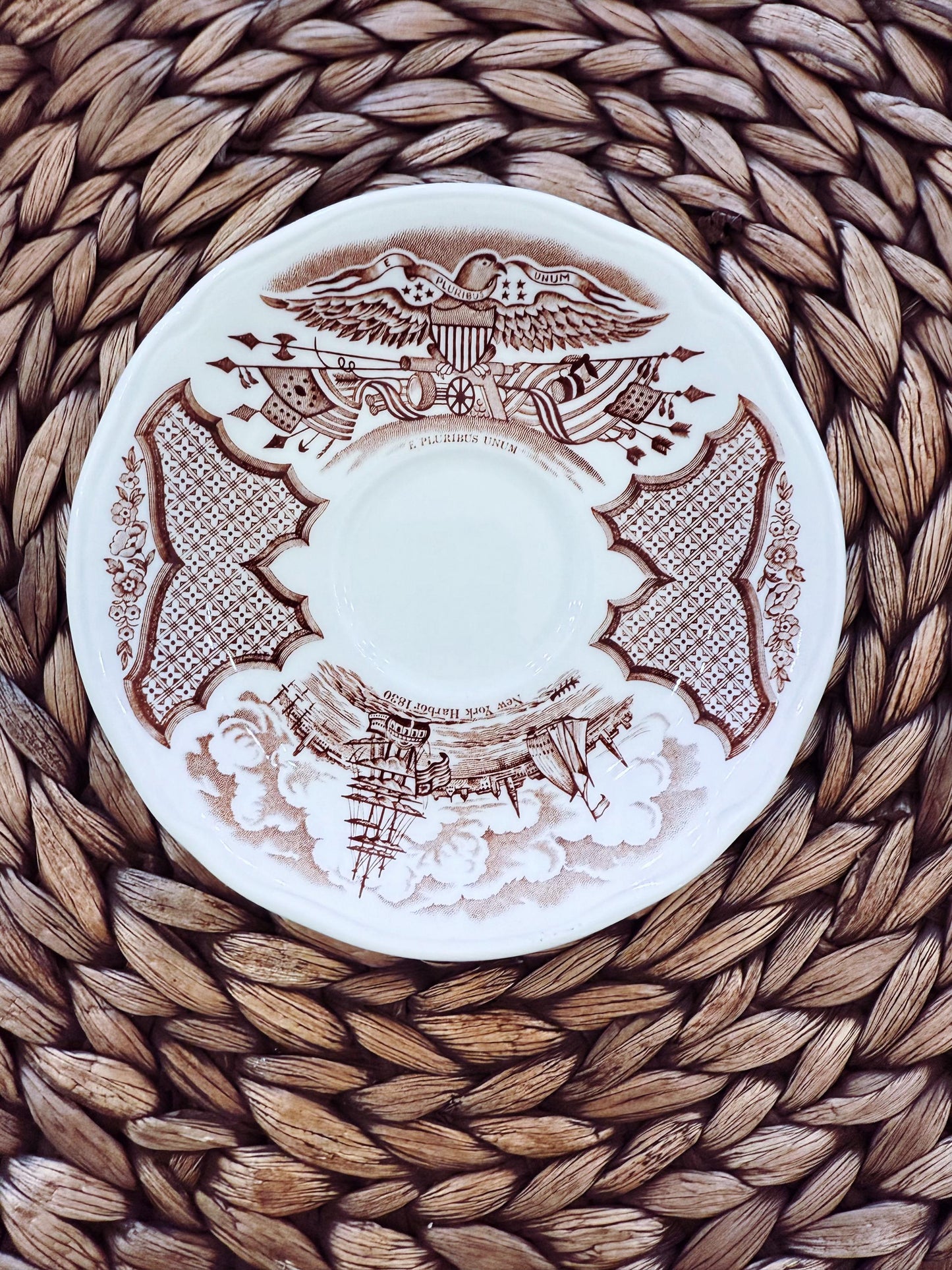 Vintage Alfred Meakin Fair Winds Saucer: Brown Transferware, New York Harbor