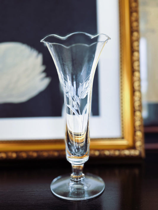 Vintage Etched Glass Bud Vase with Fluted Rim