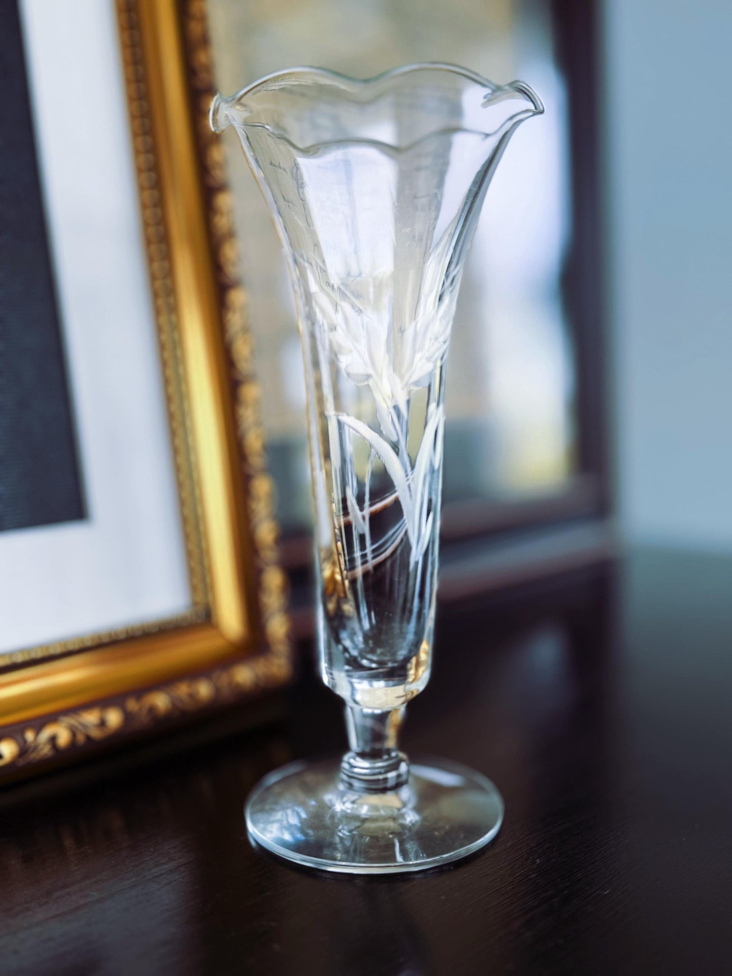 Vintage Etched Glass Bud Vase with Fluted Rim