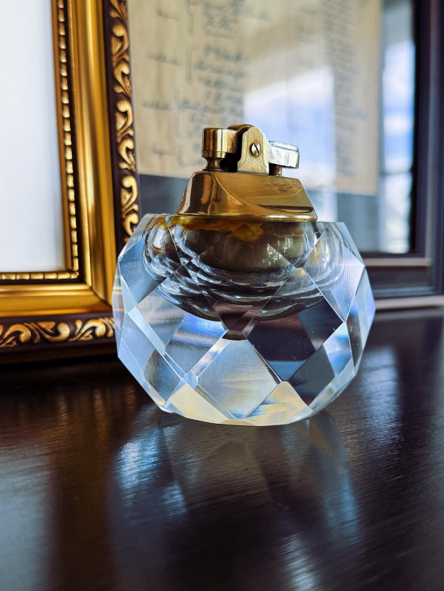Vintage Crystal Table Lighter: Mid-Century Faceted Glass Barware