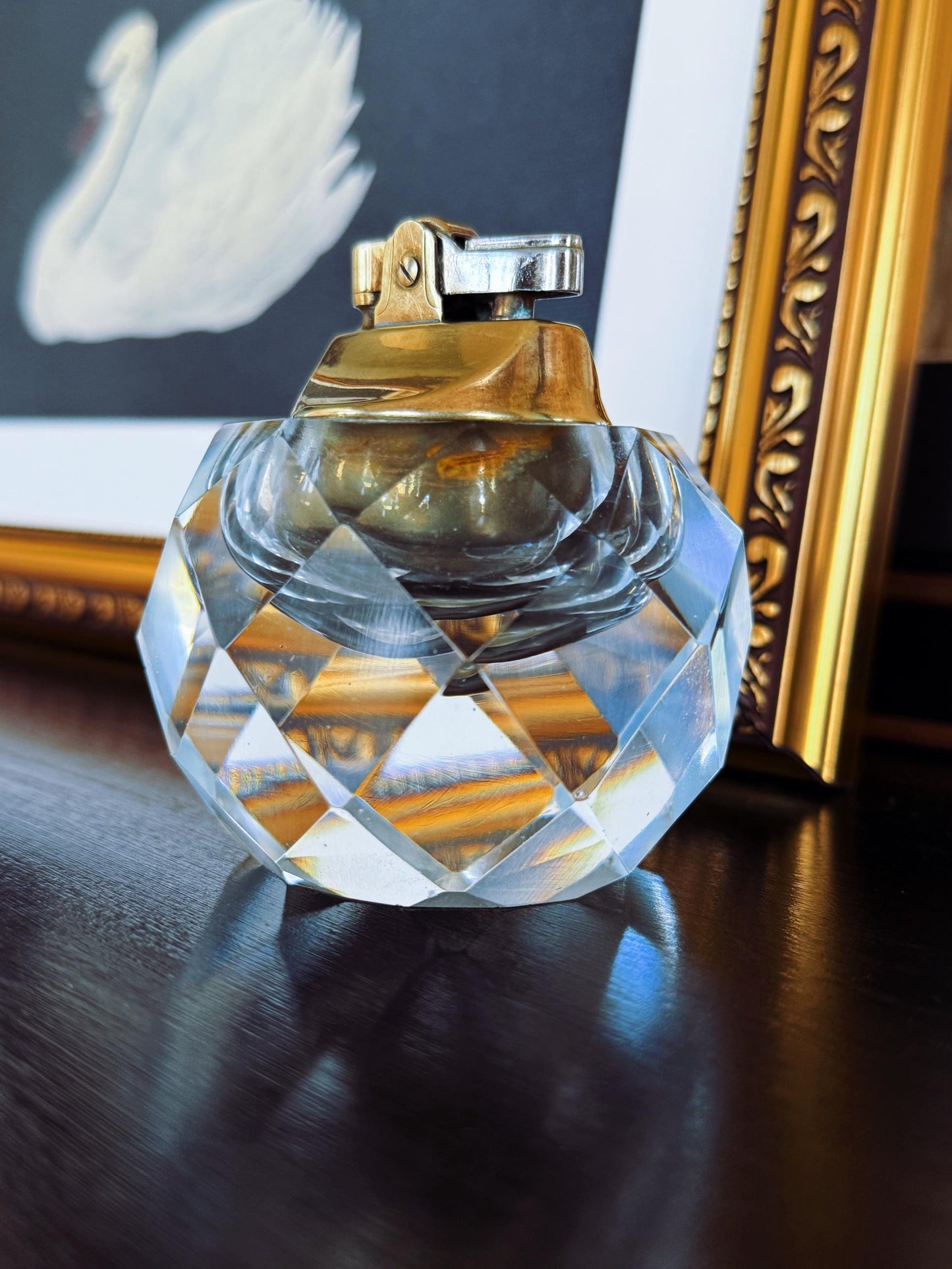 Vintage Crystal Table Lighter: Mid-Century Faceted Glass Barware