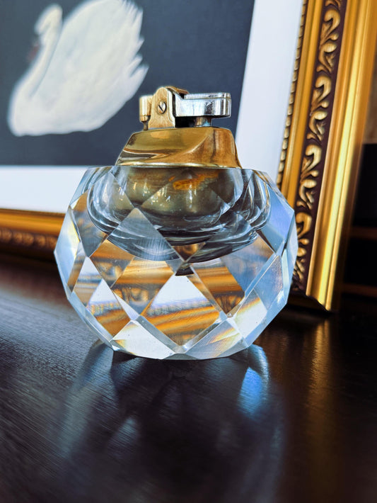 Vintage Crystal Table Lighter: Mid-Century Faceted Glass Barware