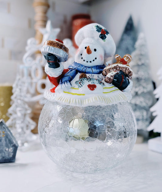 Paris & BeeBee Snowman Baker Cookie Jar  Crackle Glass Base